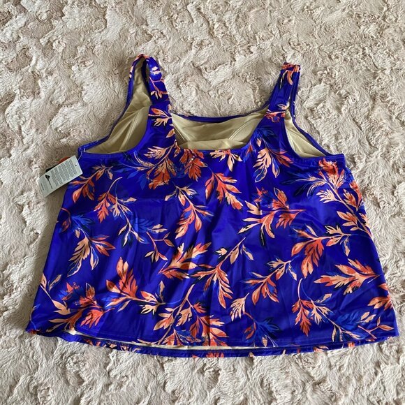NWT LL Bean Womens 22W Plus Cobalt Blue Tankini Swim Top Coral Floral Padded - Picture 2 of 9